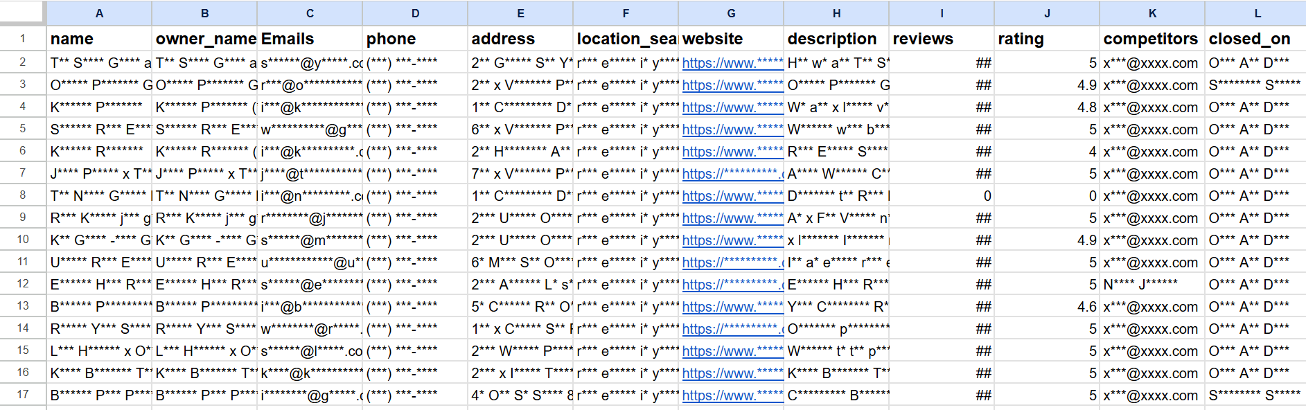 Sample Education & Training dataset preview showing columns for name, owner, emails, phone, address, website, description, reviews, rating, and competitors